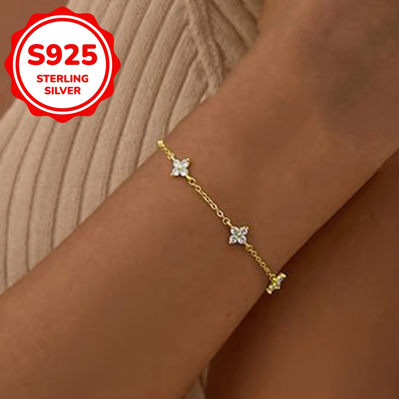 S925 Silver Sparkling Four Leaf Clover Bracelet